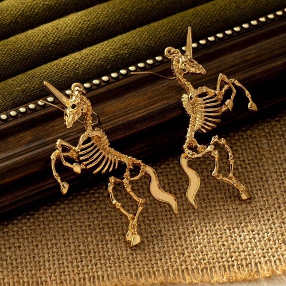 2/$30🌵 Gold Unicorn Skeleton Earrings Magical Goth Whimsigoth Jewelry Punk NEW - Picture 6 of 10